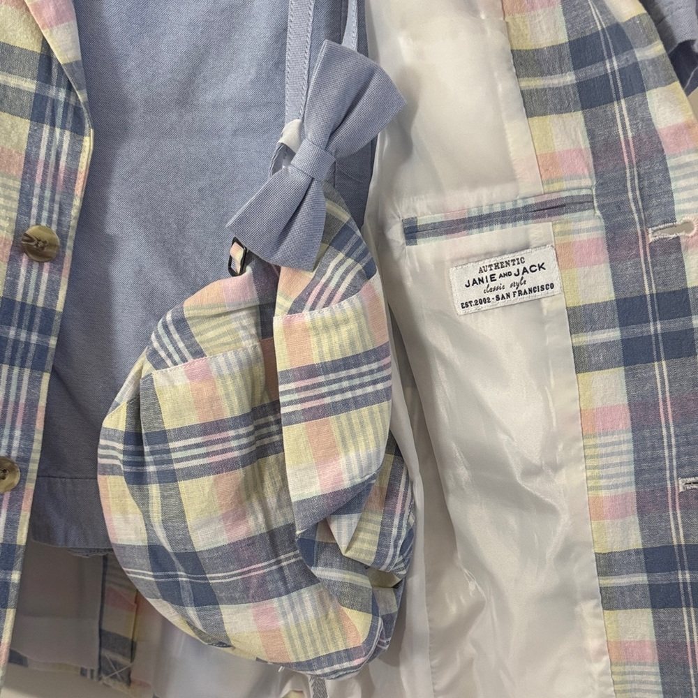 Janie and Jack Plaid Blazer, hat, bow tie, Pastel Colors and blue pants size 12 - Picture 3 of 3